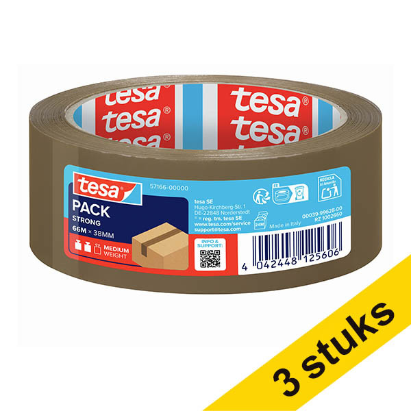 Tesa Pack Strong verpakkingstape bruin 38 mm x 66 m (3 rollen) 202363 - 1