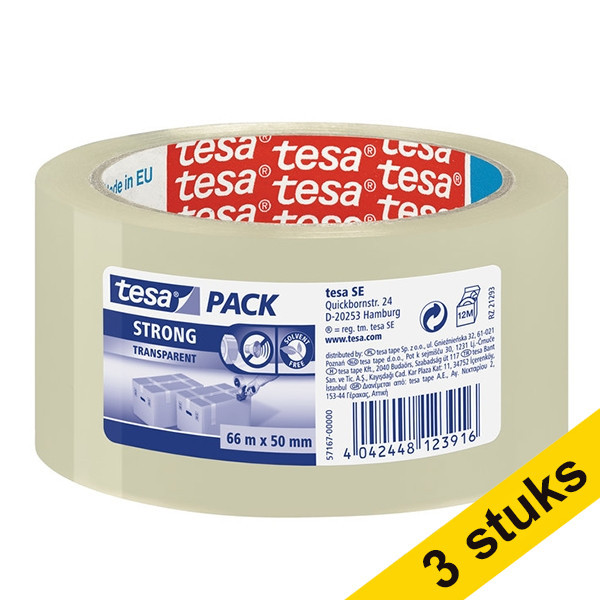 Tesa Pack Strong verpakkingstape transparant 50 mm x 66 m (3 rollen) 57167-00000-05-3 202362 - 1