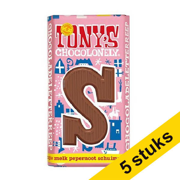 Aanbieding: 5x Tony's Chocolonely Melk Pepernoot Schuimpjes S chocoladeletter 180 gram 200341 - 1