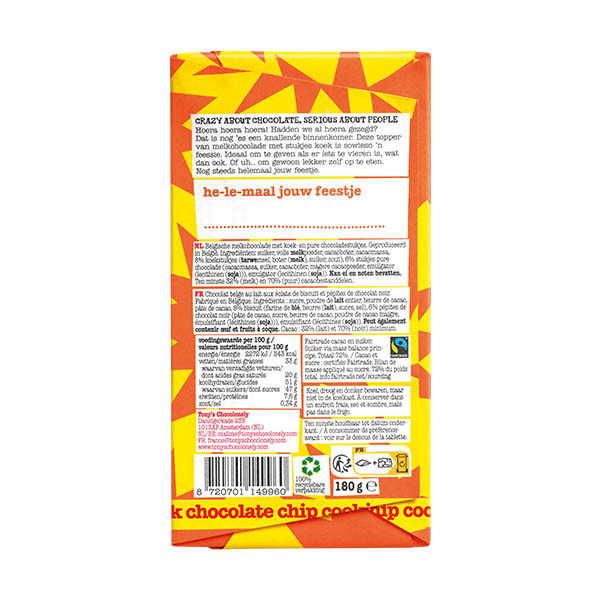 Tony's Chocolonely Melk Chocolate Chip Cookie gefeliciteerd chocoladereep 180 gram 137226 - 3