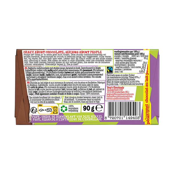 Tony's Chocolonely Melk Karamel Pecan Crunch chocoladereep 90 gram 137240 - 3