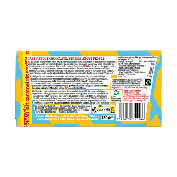 Tony's Chocolonely Melk Karamel Rice Crisp chocoladereep 180 gram 137224 - 3