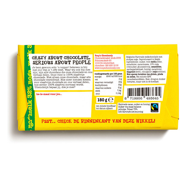 Tony's Chocolonely Melk Noga blij met jou chocoladereep 180 gram 423293 - 4