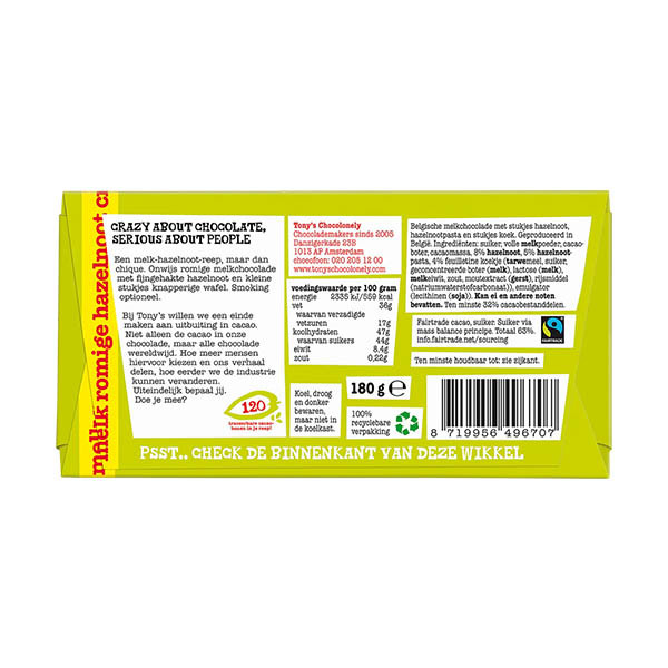Tony's Chocolonely Melk Romige Hazelnoot Crunch chocoladereep 180 gram 137210 - 3