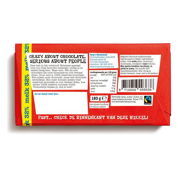 Tony's Chocolonely Melk bedankt chocoladereep 180 gram 423292 - 4