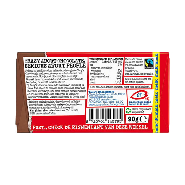Tony's Chocolonely Melk chocoladereep 90 gram 137232 - 3