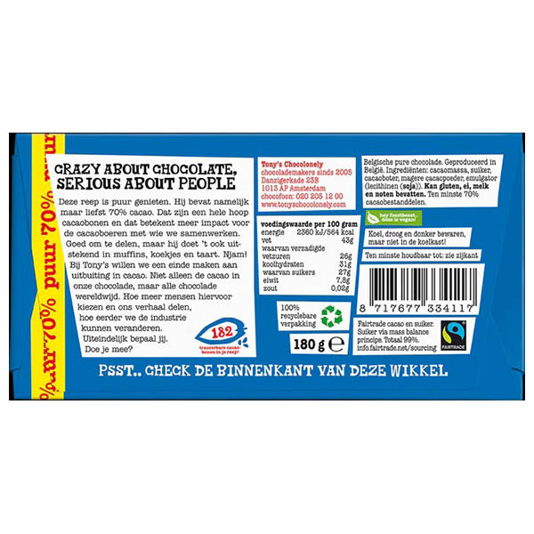 Tony's Chocolonely Puur 70% chocoladereep 180 gram 137166 - 4