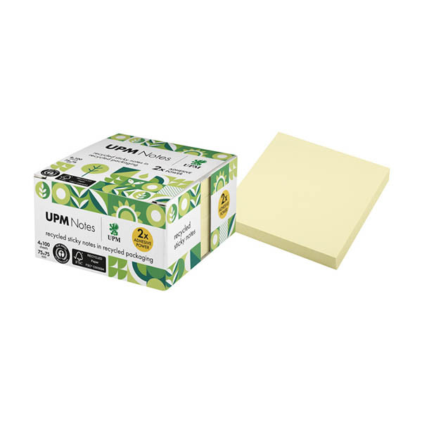 UPM gerecyclede zelfklevende notes geel 75 x 75 mm voordeelpak (4 x 100 vel) 303200 - 1