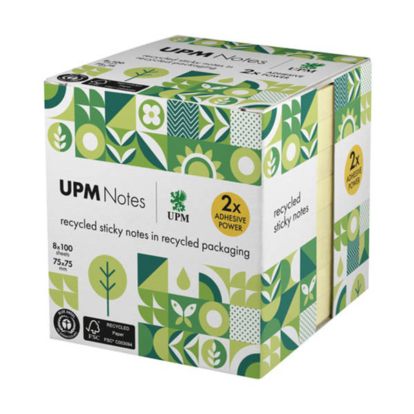 UPM gerecyclede zelfklevende notes geel 75 x 75 mm voordeelpak (8 x 100 vel) 303201 - 1