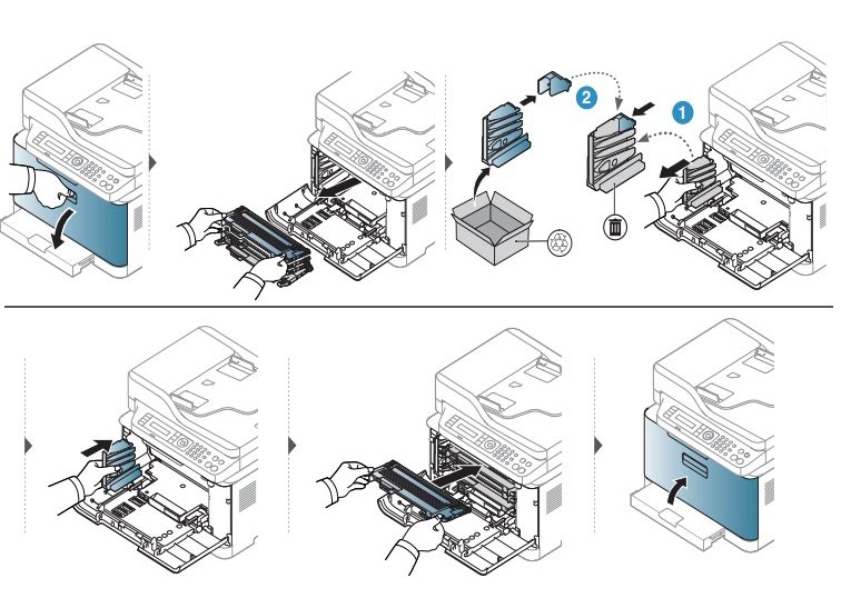 Instructies voor het verwijderen en vervangen van een toner opvangbak voor de HP Color Laser MFP 178nw laserprinter