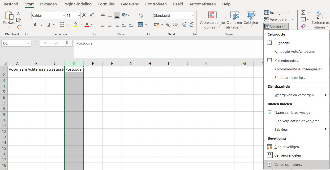 screenshot van cellen opmaken in Excel