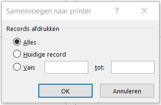 Screenshot van het scherm 'Samenvoegen naar printer' in Word