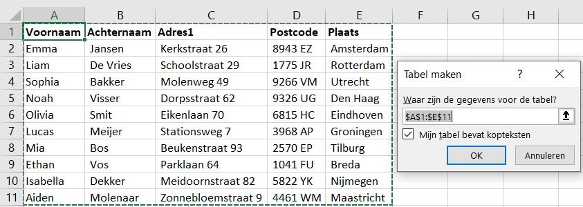 Screenshot van dikgedrukte kolomtitels met daaronder adresgegevens en rechts de optie 'tabel maken' in Excel