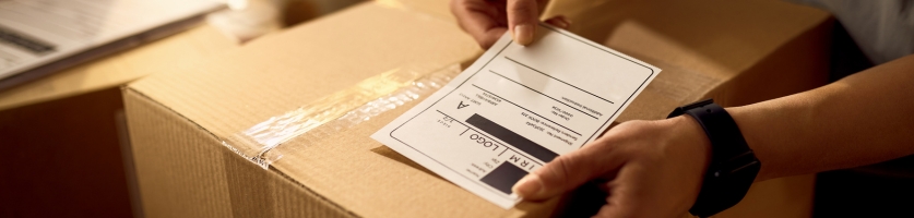 Handen plakken een verzendetiket op een doos